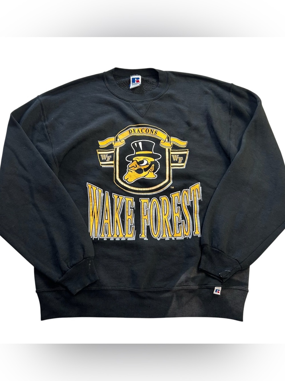 VTG 90s Russell Wake Forest Demon Deacons Men’s L Crewneck Pullover Faded Black